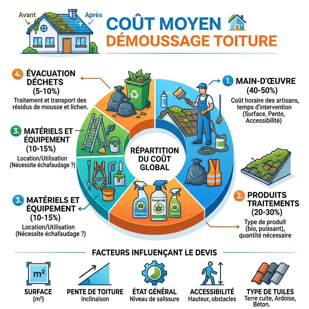 Prix détaillé démoussage toiture 2026 : budget complet et exemples